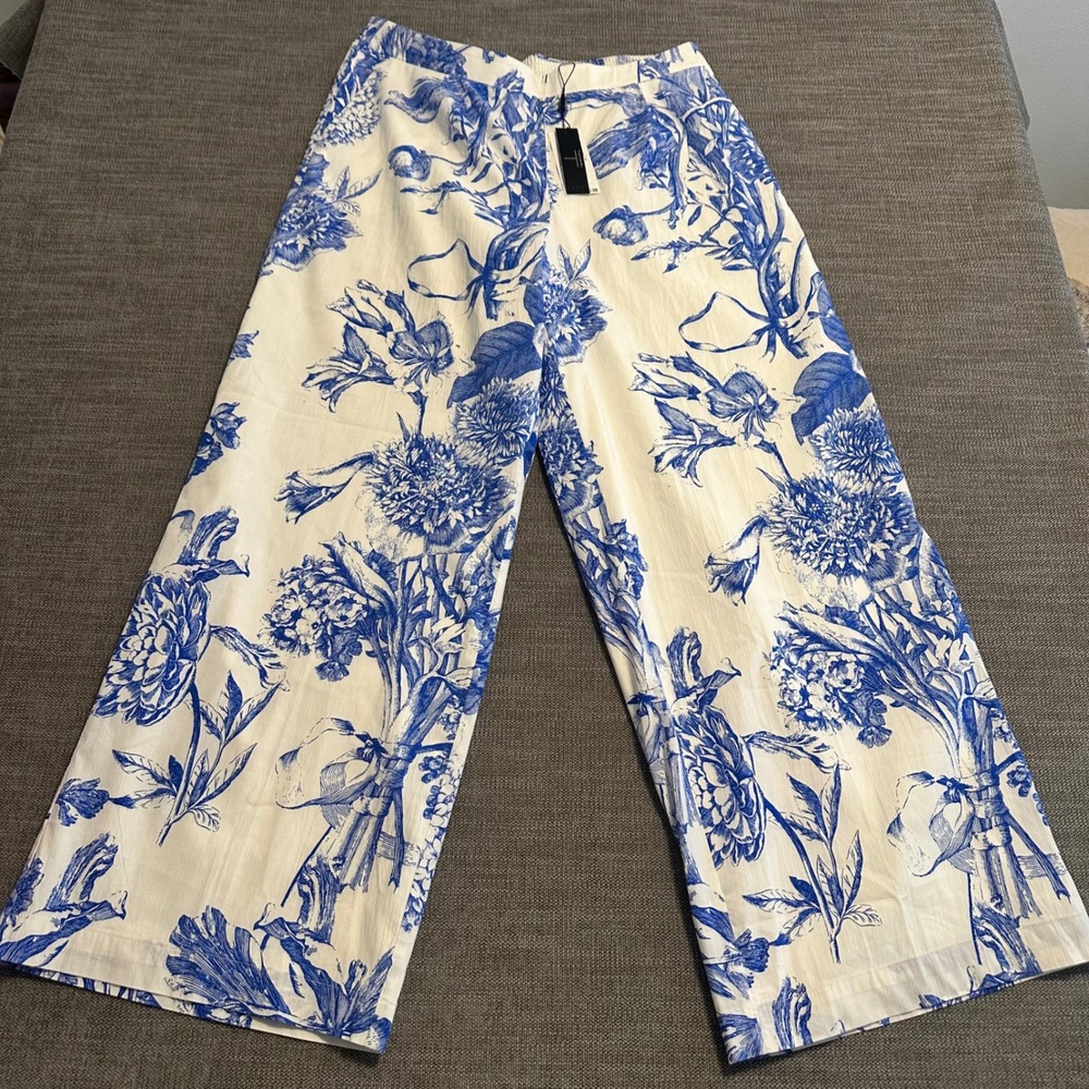 Tahari Wide Leg Pants Women Large Blue White Floral Toile NWT Elastic Back